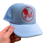 Hat: Small Batch 02, baby blue foam from trucker hat with bright red logo