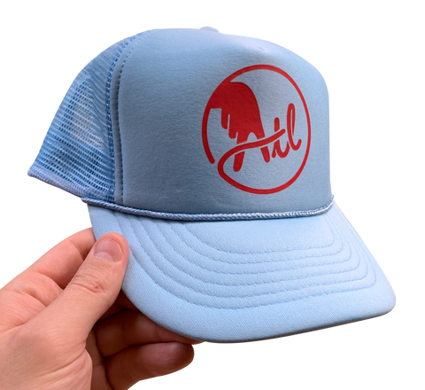 Hat: Small Batch 02, baby blue foam from trucker hat with bright red logo